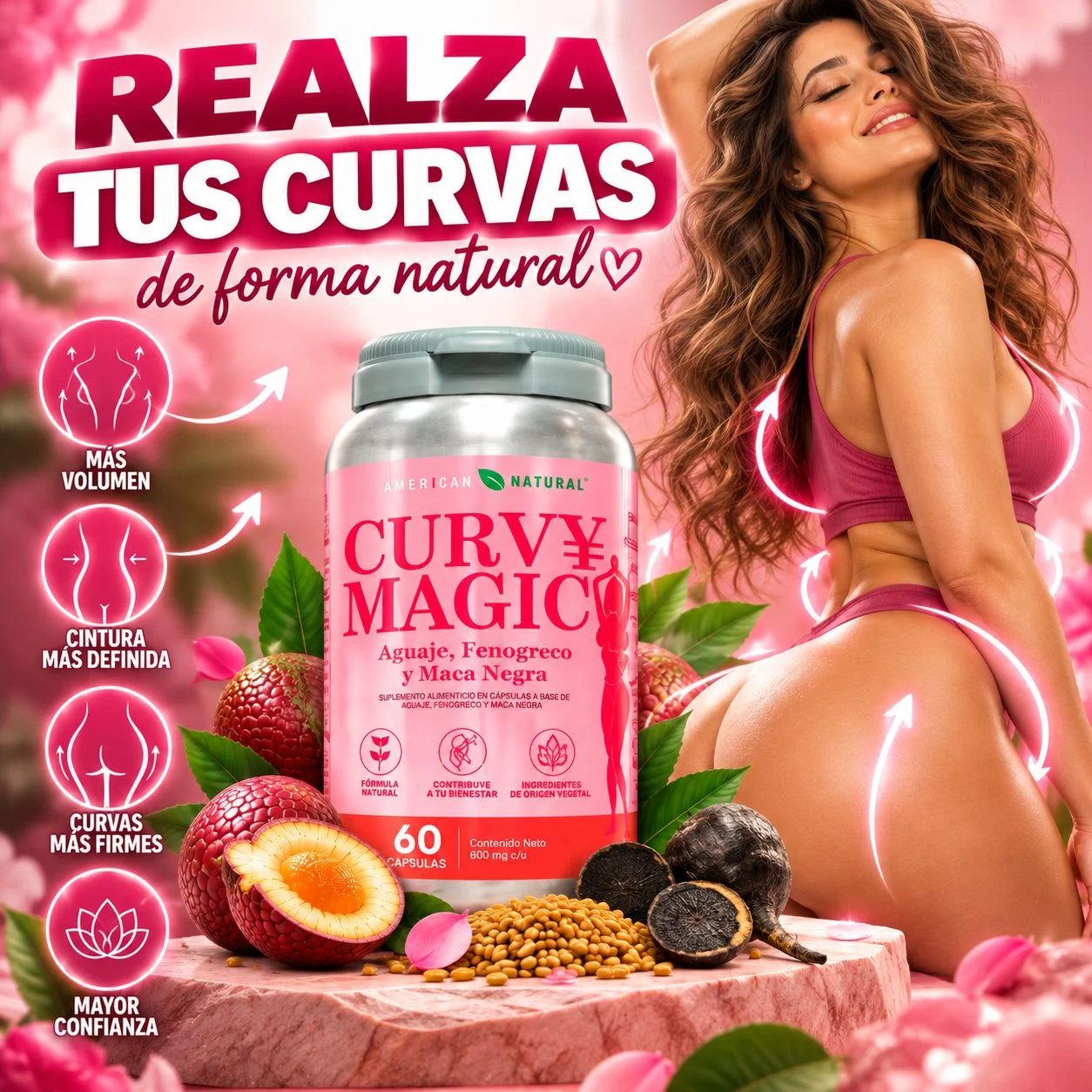 Curvy Magic, Aguaje, Fenogreco y Maca Negra Complemento nutricional para el bienestar y cuidado de la figura femenin