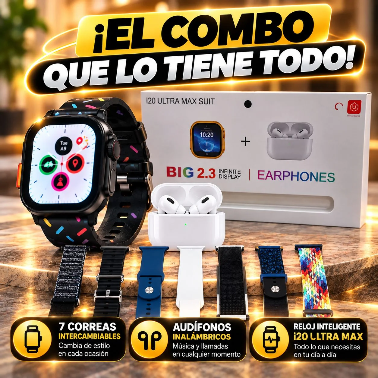 ⌚🔥 Combo i20 Ultra Max + Audífonos Inalámbricos 🎧 + 7 Correas Intercambiables 🌈