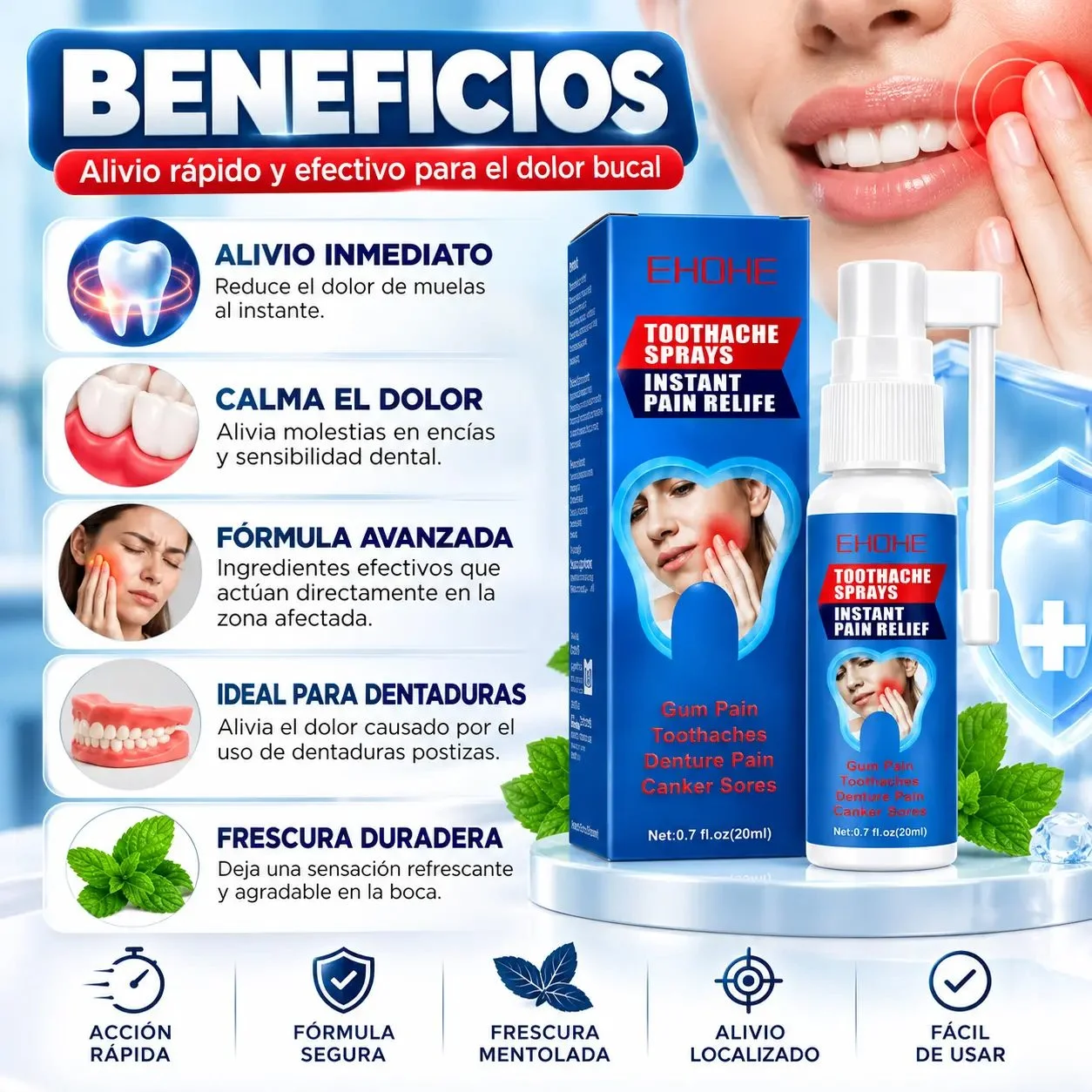 Beneficios del spray dental: alivio inmediato, calma el dolor, fórmula avanzada, ideal para dentaduras, frescura duradera