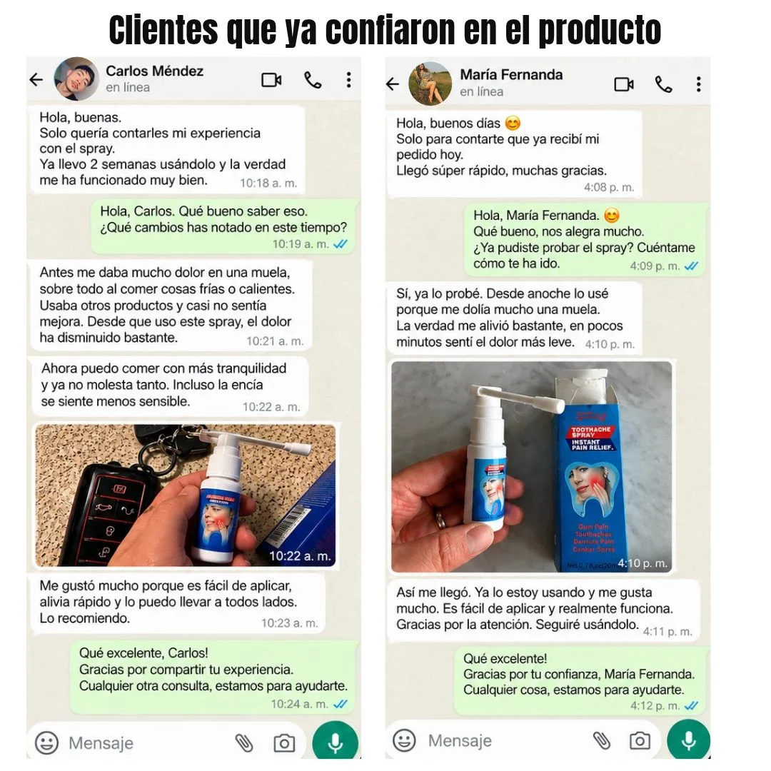 Testimonios de clientes por WhatsApp sobre el spray dental