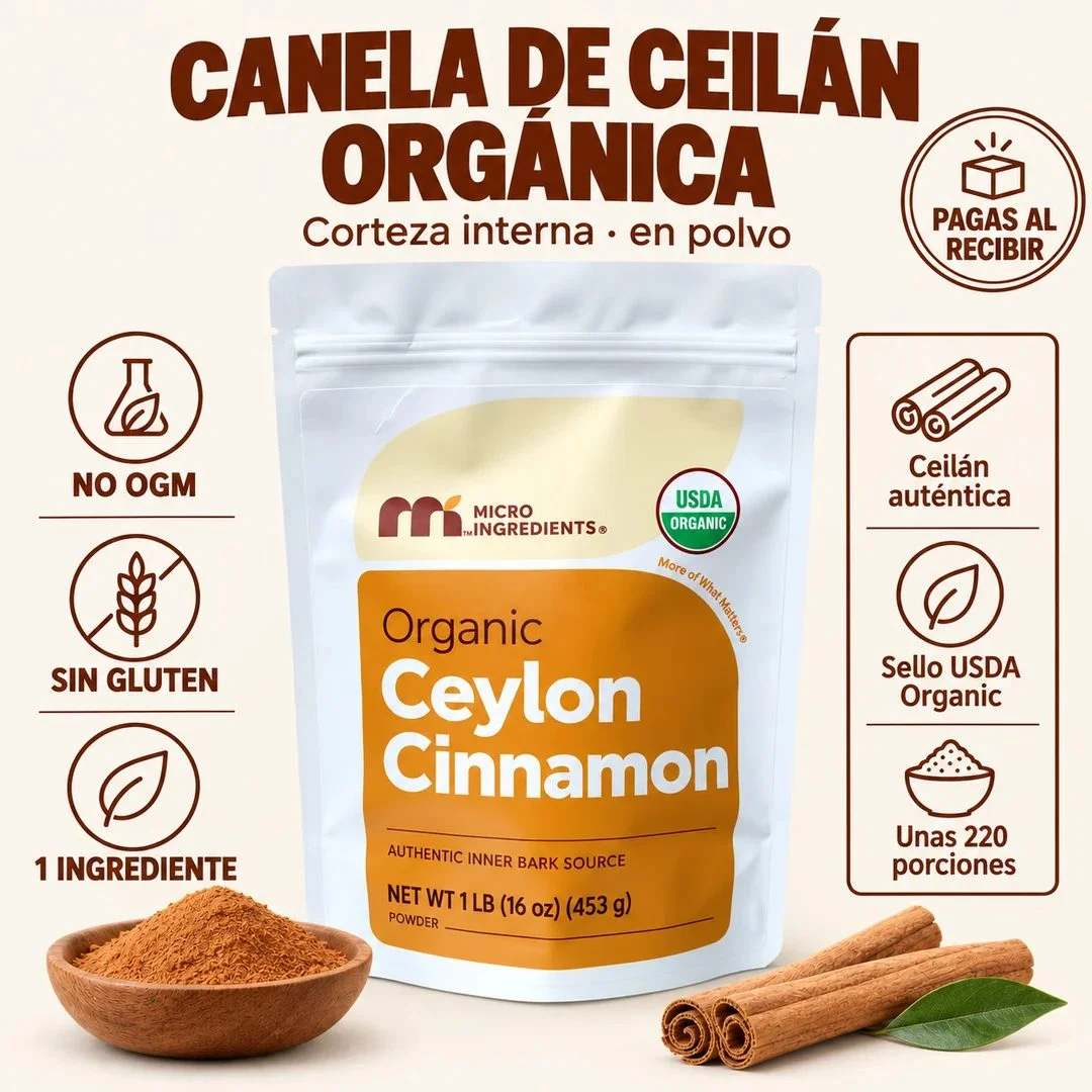 Canela de Ceilán orgánica en polvo, bolsa de 453 g