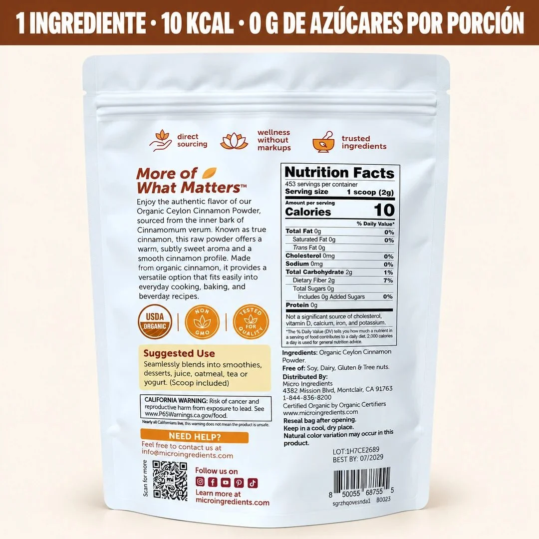 Reverso de la bolsa con etiqueta nutricional