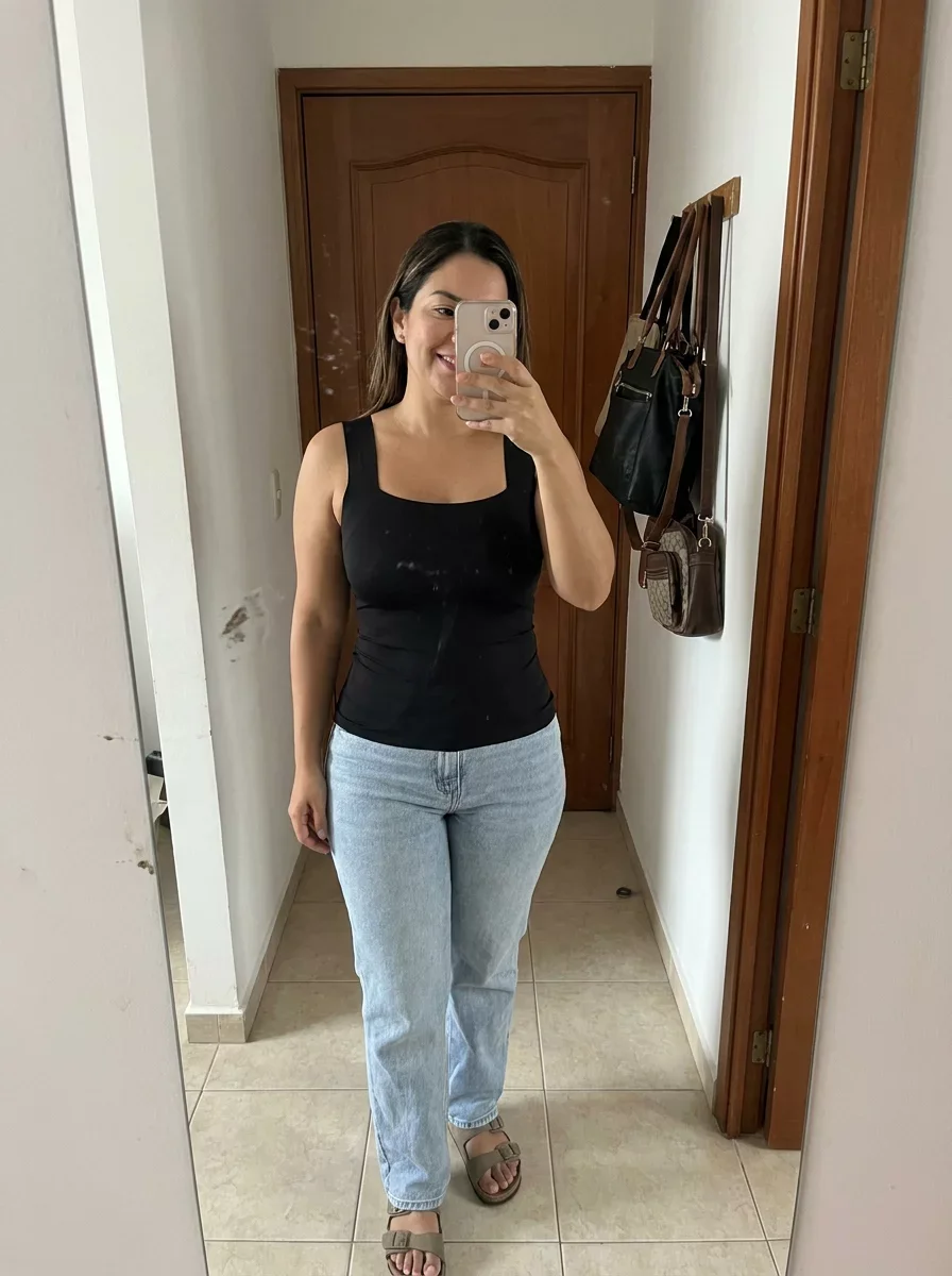 Camisilla negra puesta, foto frente al espejo
