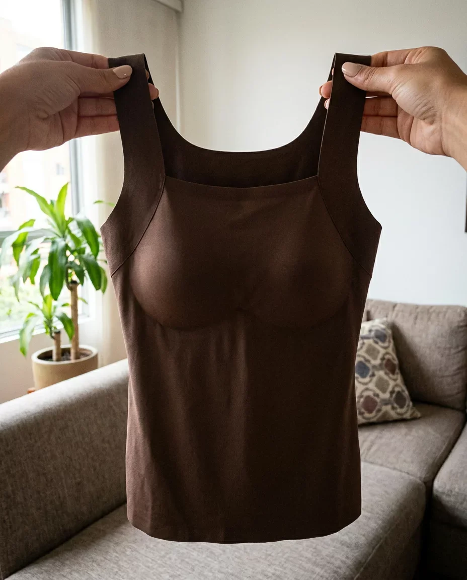 Camisilla cocoa sostenida por sus tirantes anchos