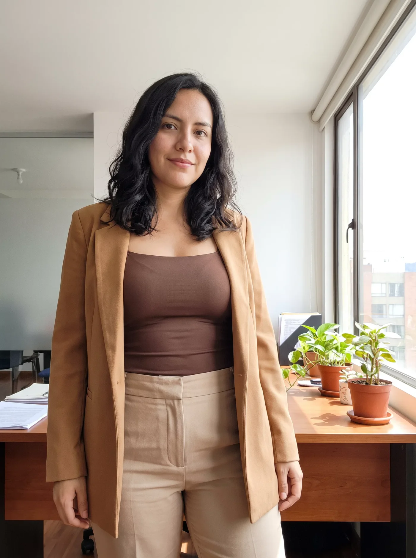 Camisilla cocoa con blazer en la oficina