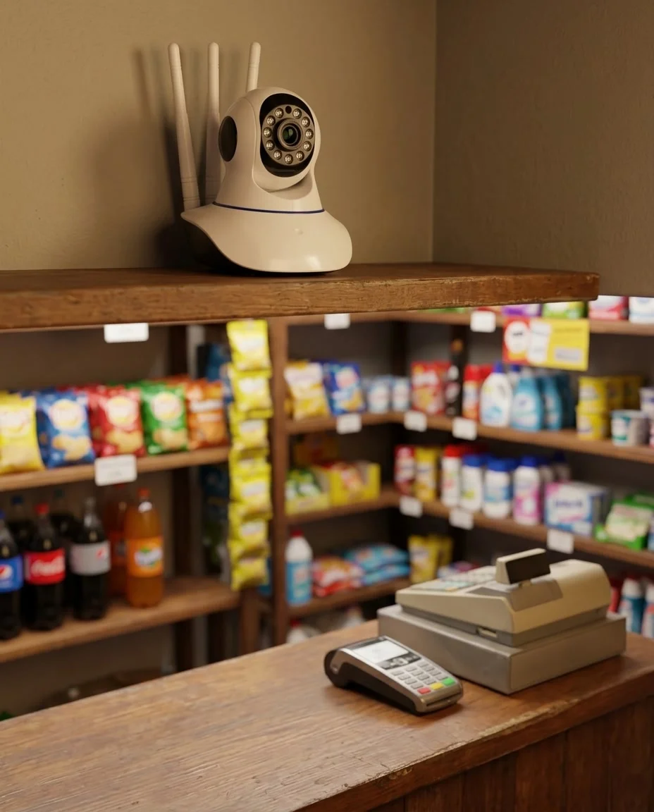 Cámara WiFi vigilando el mostrador de una tienda