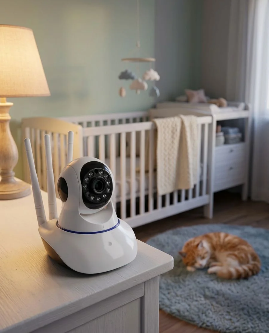 Cámara WiFi en el cuarto del bebé, con un gato dormido