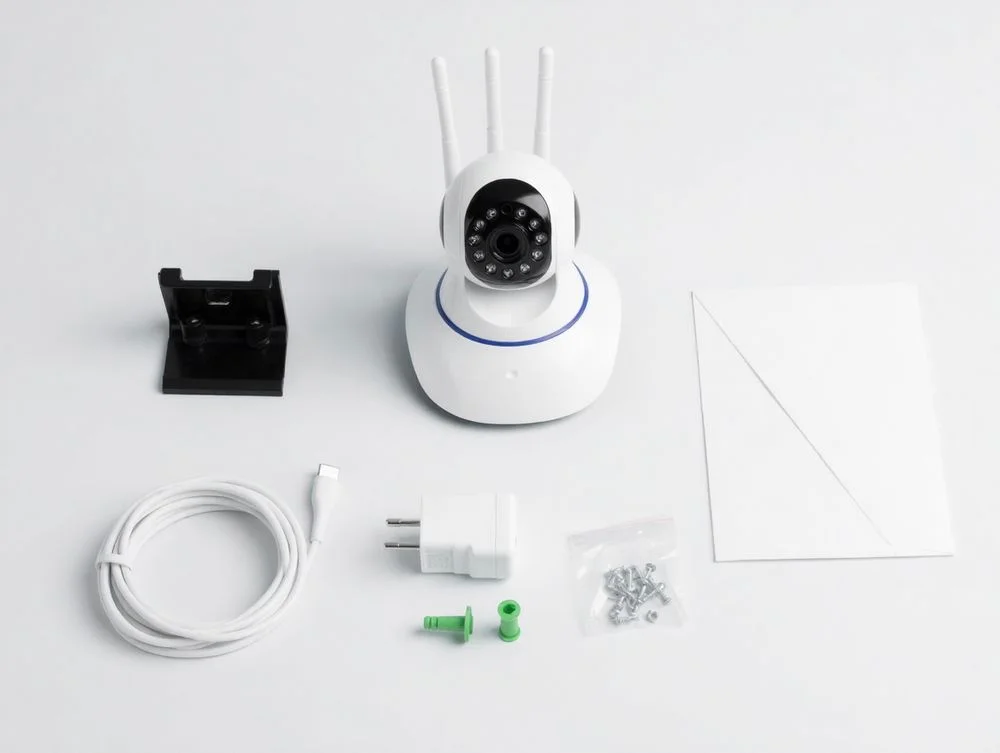Cámara WiFi con su caja y accesorios