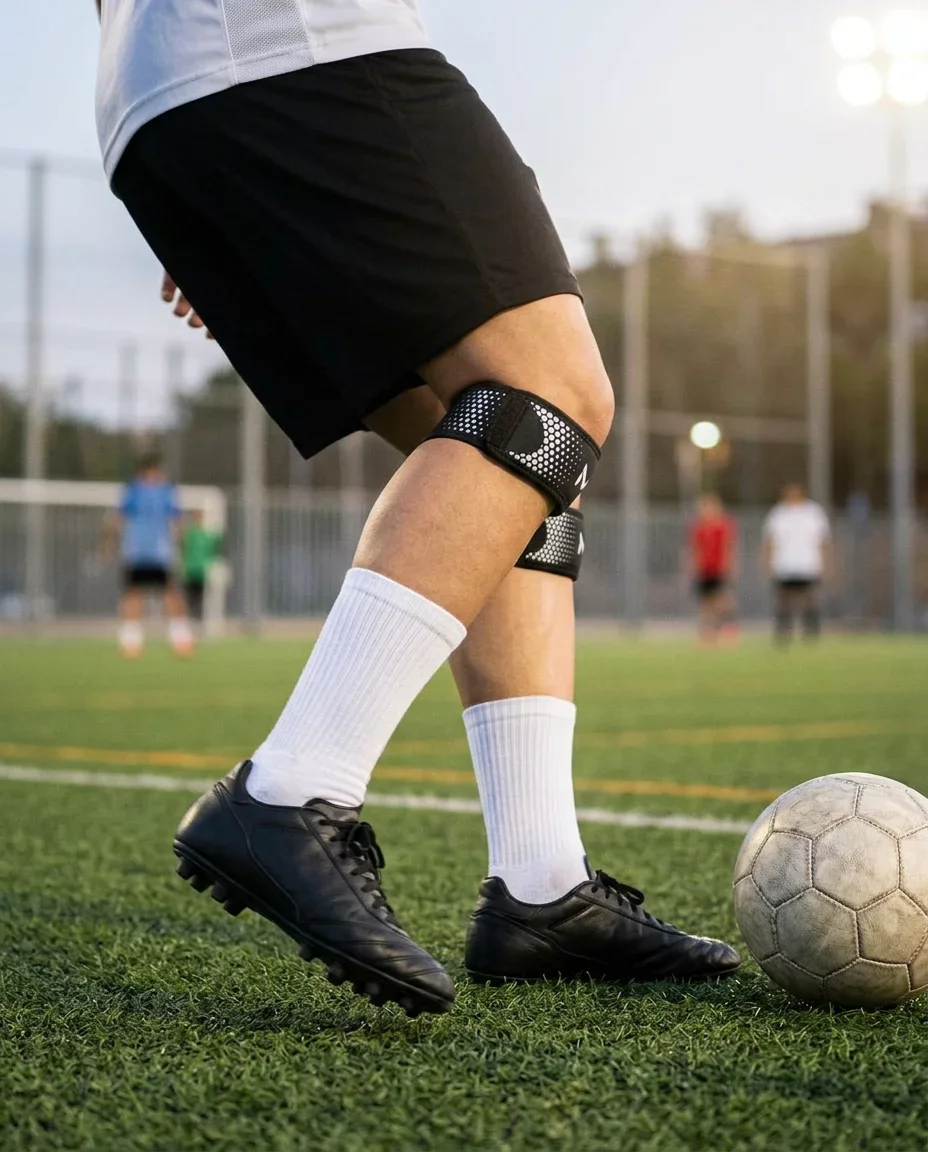 Jugador de fútbol con el soporte de rótula