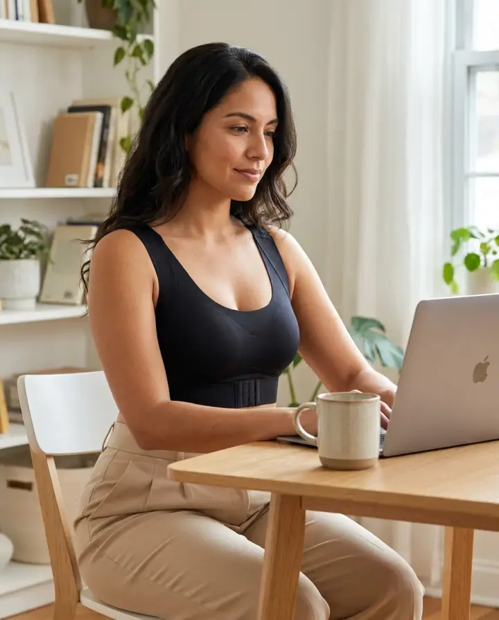 Mujer trabajando en el computador con el top corrector negro