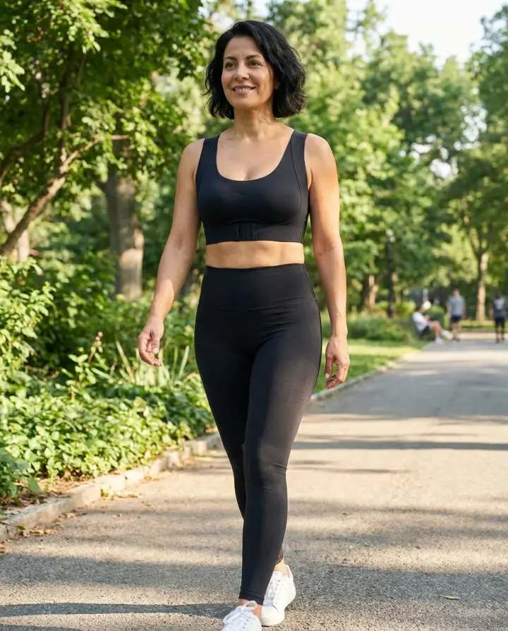 Mujer caminando en el parque con el top corrector negro